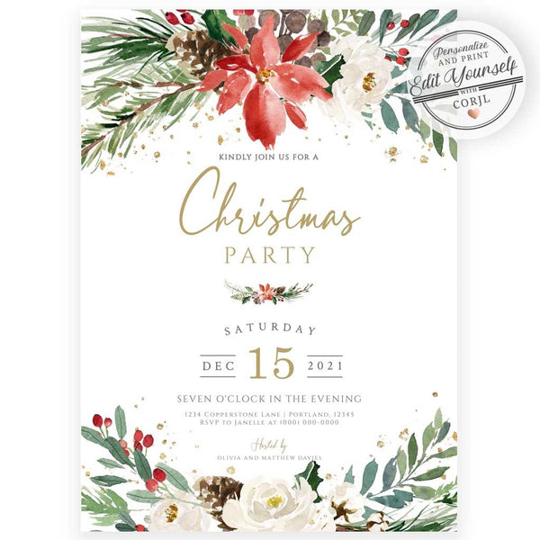 Rustic Floral Christmas Party Invitation | Forever Your Prints